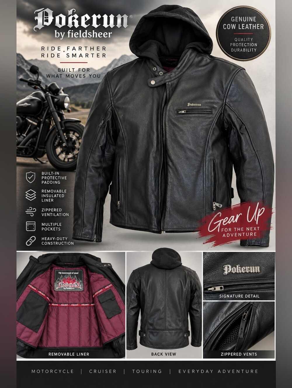 Pokerun Fieldsheer XL Genuine Leather Armored Motorcycle Biker Jacket